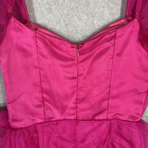 VTG 80s Prom Dress Medium Pink Puff Organza Sheer Overlay Bow Pencil Skirt Cape - Picture 13 of 14